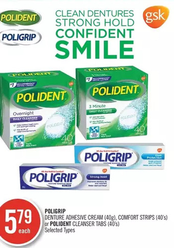 Shoppers Drug Mart Poligrip denture adhesive cream, comfort strips or polident cleanser tabs offer