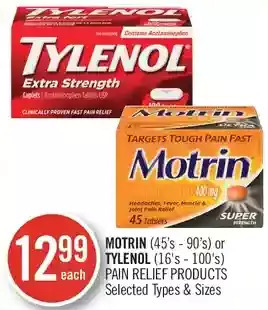 Shoppers Drug Mart Motrin or tylenol pain relief products offer