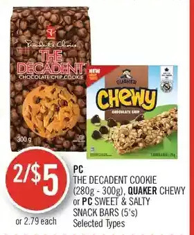 Shoppers Drug Mart Pc the decadent cookie, quaker chewy or pc sweet & salty snack bars offer