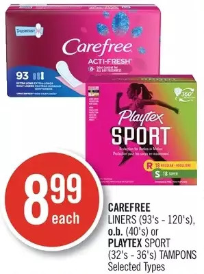 Shoppers Drug Mart Carefree liners, o.b. or playtex sport tampons offer