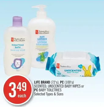 Shoppers Drug Mart Life brand, pc scented, unscented baby wipes or pc baby toiletries offer
