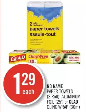 Shoppers Drug Mart No name paper towels, aluminum foil or glad cling wrap offer