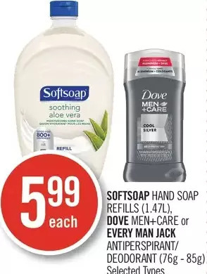 Shoppers Drug Mart Softsoap hand soap refills, dove men+care or every man jack antiperspirant/deodorant offer
