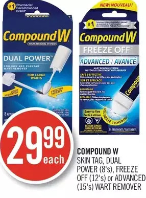 Shoppers Drug Mart Compound w skin tag, dual power, freeze off or advanced wart remover offer