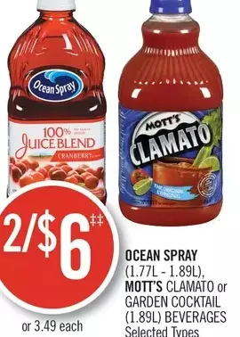 Shoppers Drug Mart Ocean spray, mott's clamato or garden cocktail beverages offer