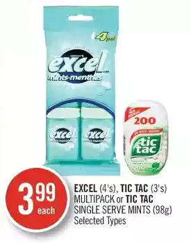Shoppers Drug Mart Excel, tic tac multipack or tic tac single serve mints offer