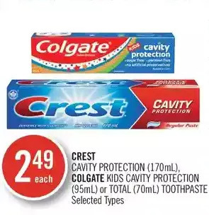 Shoppers Drug Mart Crest cavity protection, colgate kids cavity protection or total toothpaste offer