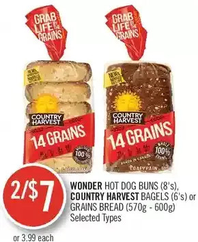 Shoppers Drug Mart Wonder hot dog buns, country harvest bagels or grains bread offer