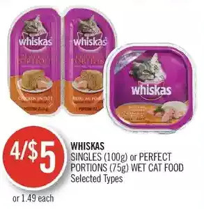 Shoppers Drug Mart Whiskas singles or perfect portions wet cat food offer