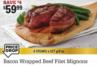 Bacon wrapped beef filet mignons 4 steaks x 227g/ 8oz