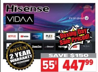 2001 Audio Video Hisense 55" 4k ultra hd vidaa tv offer
