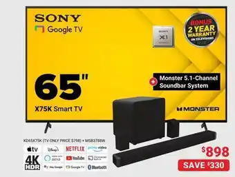 Visions Electronics Sony google tv 65" x75k smart tv + monster 5.1-channel soundbar system offer