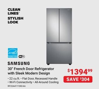 Visions Electronics Samsung 30" french door refrigerator with sleek modern design offer
