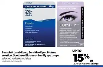 Real Canadian Superstore Bausch & Lomb renu, sensitive eyes, Biotrue solution, soothe or Biotrue or Lumify eye drops offer