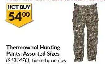 Princess Auto Thermowool hunting pants, assorted sizes offer