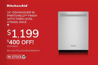 Goemans Appliances Kitchenaid 24" dishwasher in printshield finish with third level utensil rack offer
