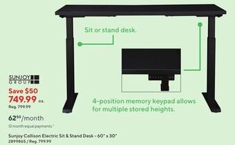 Staples Sunjoy collison electric sit & stand desk - 60" x 30" offer