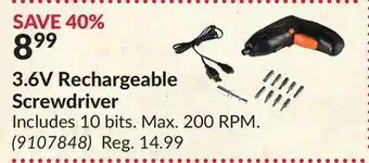 Princess Auto 3.6v rechargeable screwdriver offer