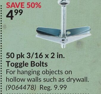 Princess Auto 50 pk 3/16 x 2 in. toggle bolts offer