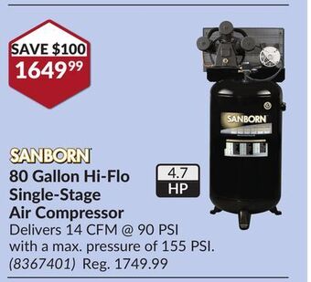 Princess Auto 80 gallon hi-flo single-stage air compressor offer