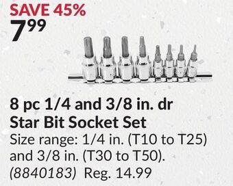 Princess Auto 8 pc 1/4 and 3/8 in. dr star bit socket set offer