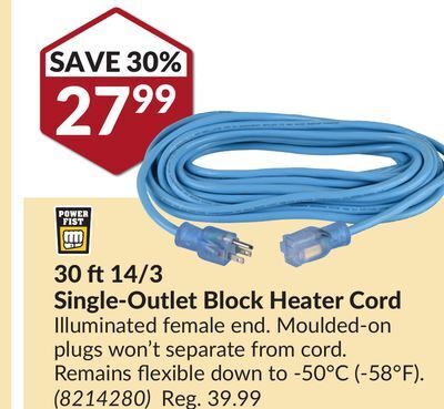 30 ft 14/3 single-outlet block heater cord offer at Princess Auto