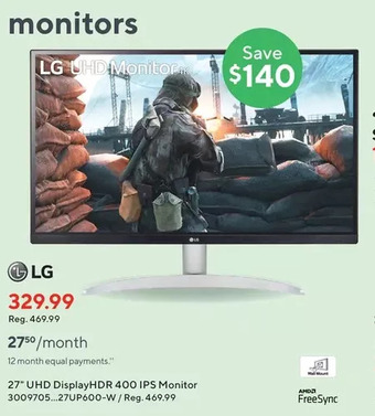 Staples Lg 27" uhd displayhdr 400 ips monitor offer