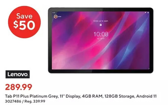 Staples Lenovo tab p11 plus platinum grey, 11" display, 4gb ram, 128gb storage, android 11 offer