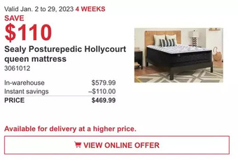 Costco Sealy posturepedic hollycourt queen mattress offer
