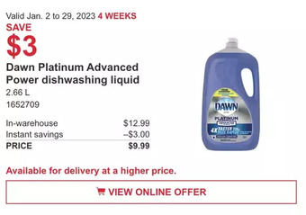 Costco Dawn platinum advanced power dishwashing liquid offer