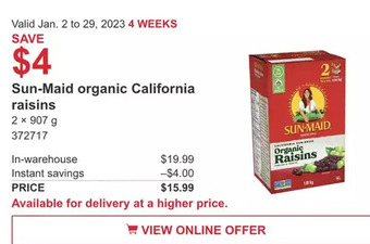 Costco Sun-maid organic california raisins offer