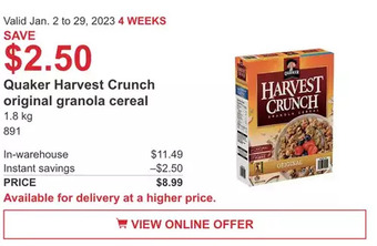 Costco Quaker harvest crunch original granola cereal offer