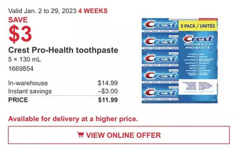 Costco Crest pro-health toothpaste offer