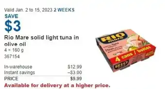 Costco Rio mare solid light tuna in olive oil 4x160g offer
