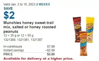 Costco Munchies honey sweet trail mix, salted or honey roasted peanuts 12x35g or 12x55g offer