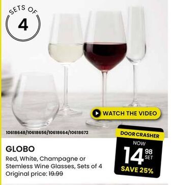 Stokes Globo red, white, champagne or stemless wine glasses offer