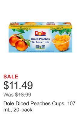 Costco Dole diced peaches cups, 107 ml, 20-pack offer