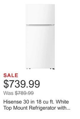 Costco Hisense 30 in 18 cu ft. white top mount refrigerator with reversible door offer