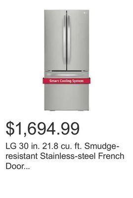 Costco Lg 30 in. 21.8 cu. ft. smudge-resistant stainless-steel french door refrigerator with smartdiagnosis offer