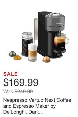 Costco Nespresso vertuo next coffee and espresso maker by de'longhi, dark gray with aeroccino milk frother offer