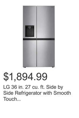 Costco Lg 36 in. 27 cu. ft. side by side refrigerator with smooth touch dispenser and door cooling+ offer