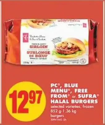 No Frills PC blue menu free from sufra halal burgers offer