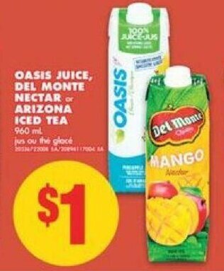 No Frills Oasis juice del monte nectar arizona iced tea offer