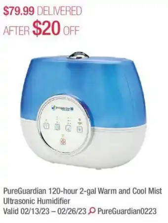 Costco Pureguardian 120-hour 2-gal warm and cool mist ultrasonic humidifier offer
