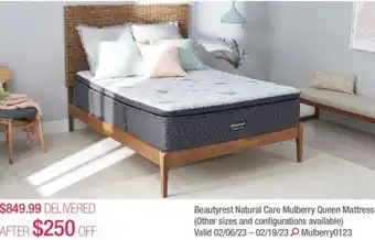 Costco Beautyrest natural care mulberry queen mattress offer
