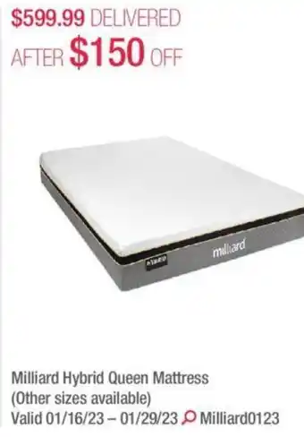 Costco Milliard hybrid queen mattress offer