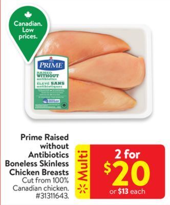 Walmart Prime raised without antibiotics boneless skinless chicken breasts offer