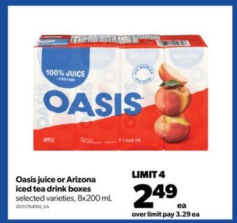 Real Canadian Superstore Oasis juice or arizona iced tea drink boxes, 8x200 ml offer