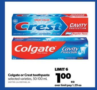 Real Canadian Superstore Colgate or crest toothpaste, 50-100 ml offer