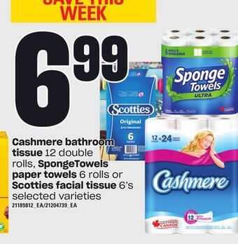Loblaws Cashmere bathroom tissue, 12 double rolls, spongetowels paper towels, 6 rolls or scotties facial tissue, 6's offer